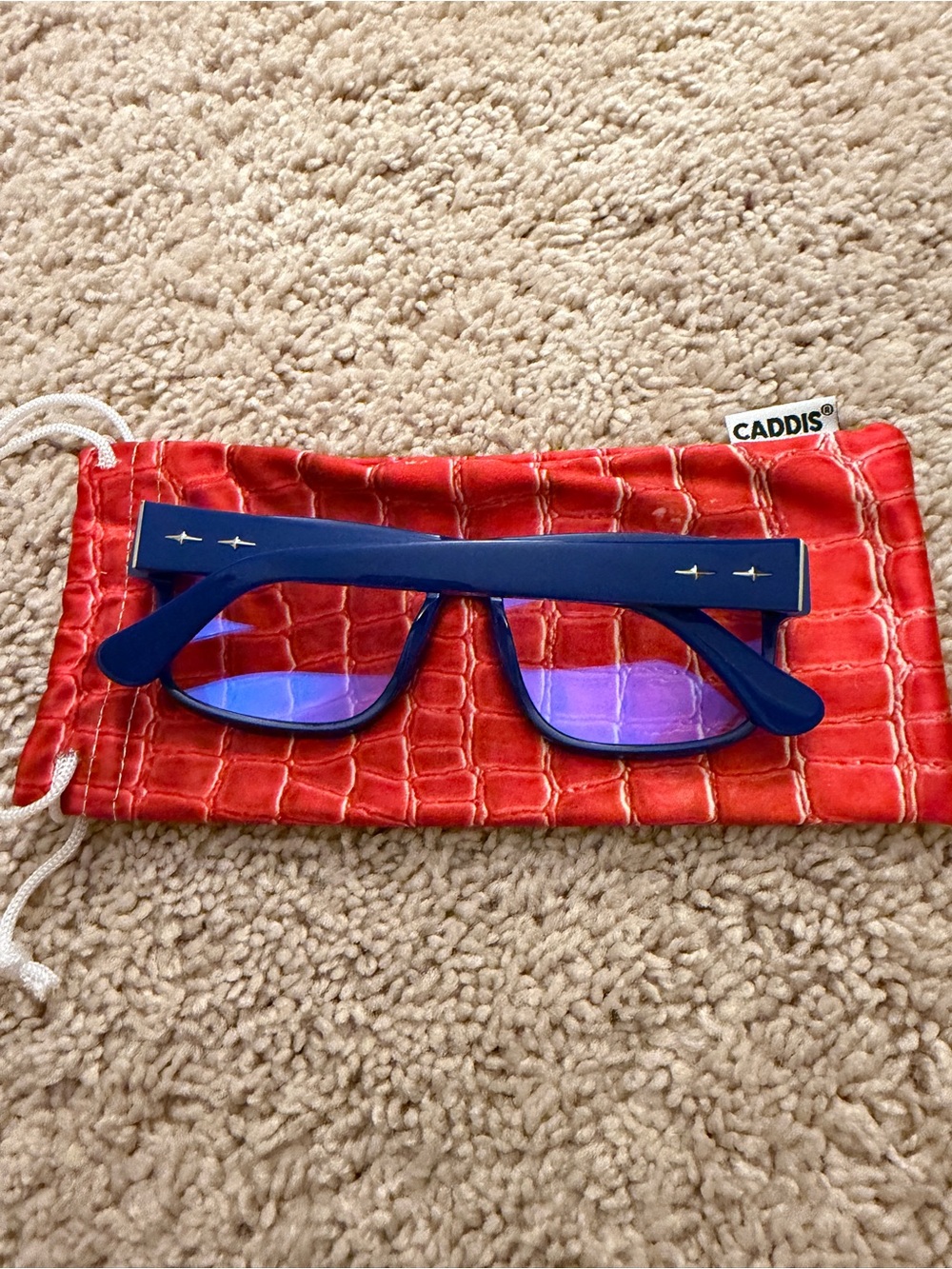 Caddis Blue Rectangular Blue-light Glasses with Red Croc Pouch